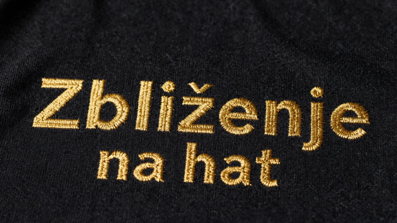 Zbliżenie na haft napisu na bluzie, miękkie światło dzienne, czer